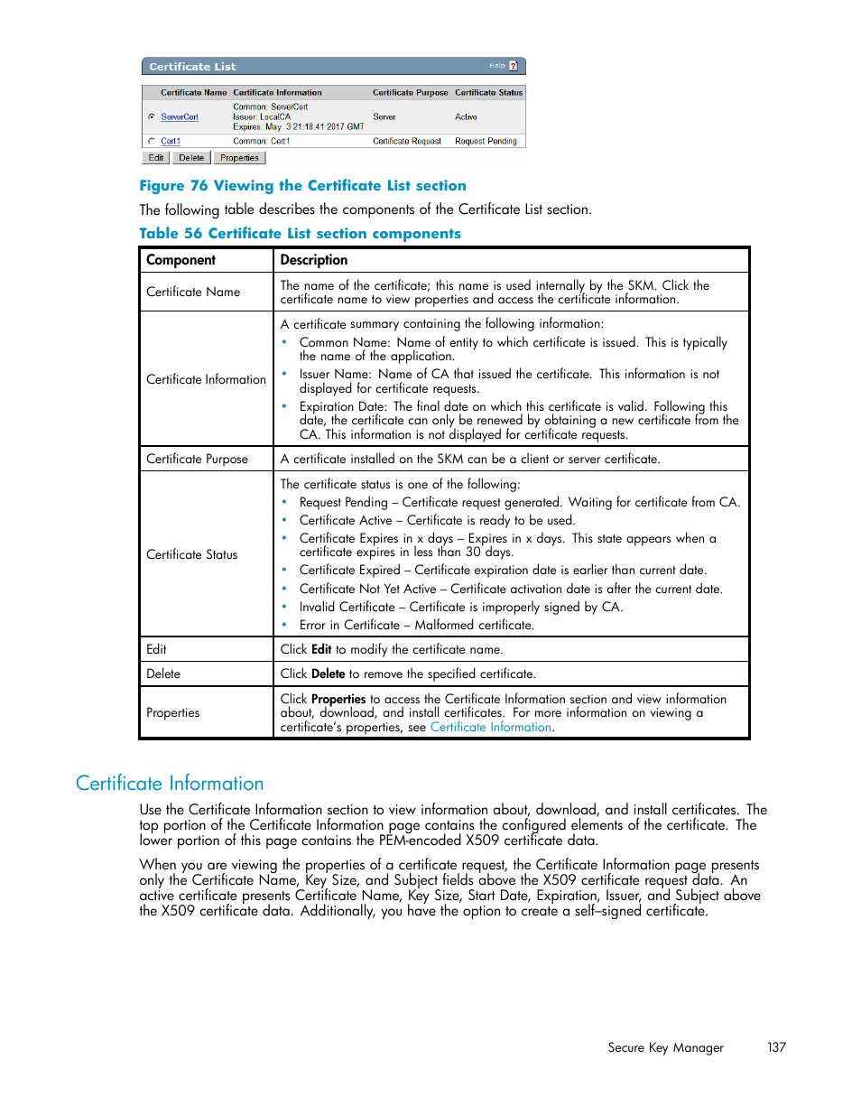 Certificate information, 76 viewing the certificate list section, 56 certificate list section components | HP Secure Key Manager User Manual | Page 137 / 327