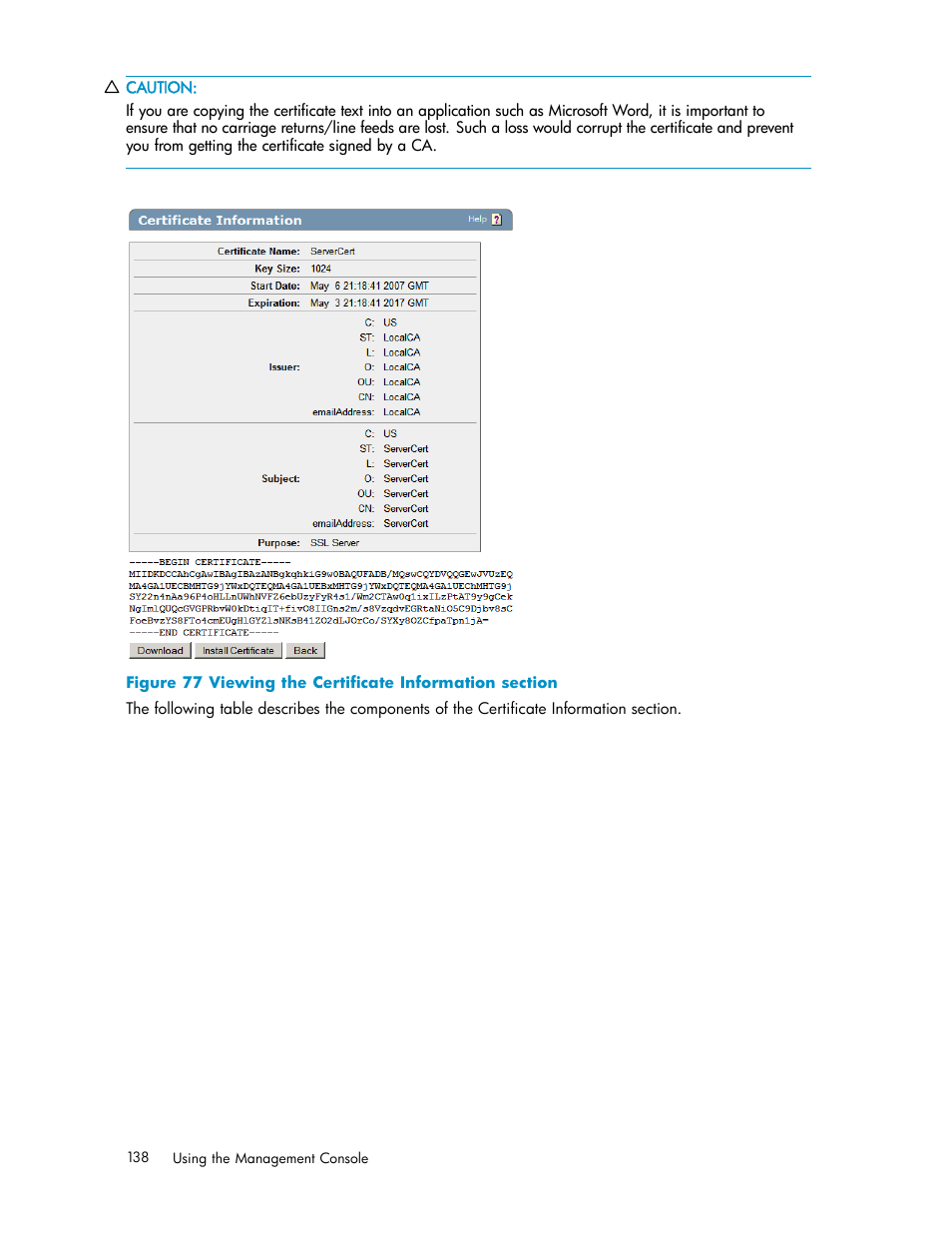 Certificate installation, 77 viewing the certificate information section | HP Secure Key Manager User Manual | Page 138 / 327