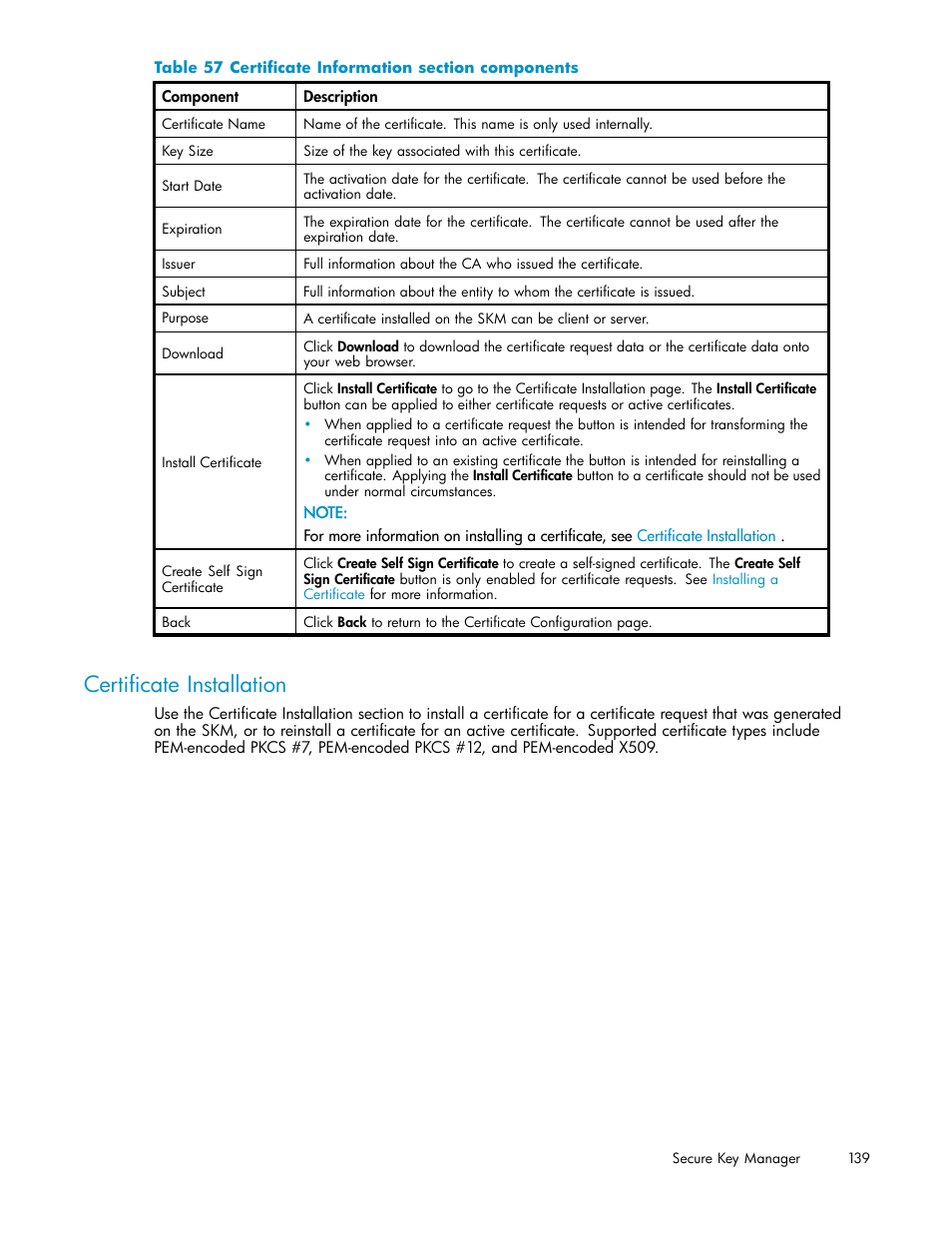 Certificate installation, 57 certificate information section components | HP Secure Key Manager User Manual | Page 139 / 327