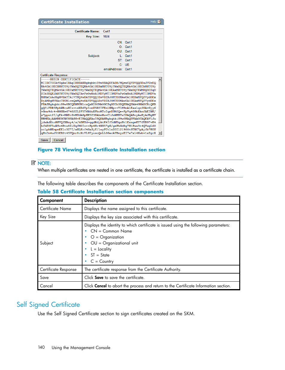 Self signed certificate, Create certificate request, 78 viewing the certificate installation section | 58 certificate installation section components | HP Secure Key Manager User Manual | Page 140 / 327