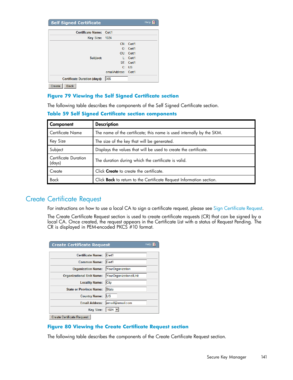 Create certificate request, 79 viewing the self signed certificate section, 80 viewing the create certificate request section | 59 self signed certificate section components | HP Secure Key Manager User Manual | Page 141 / 327