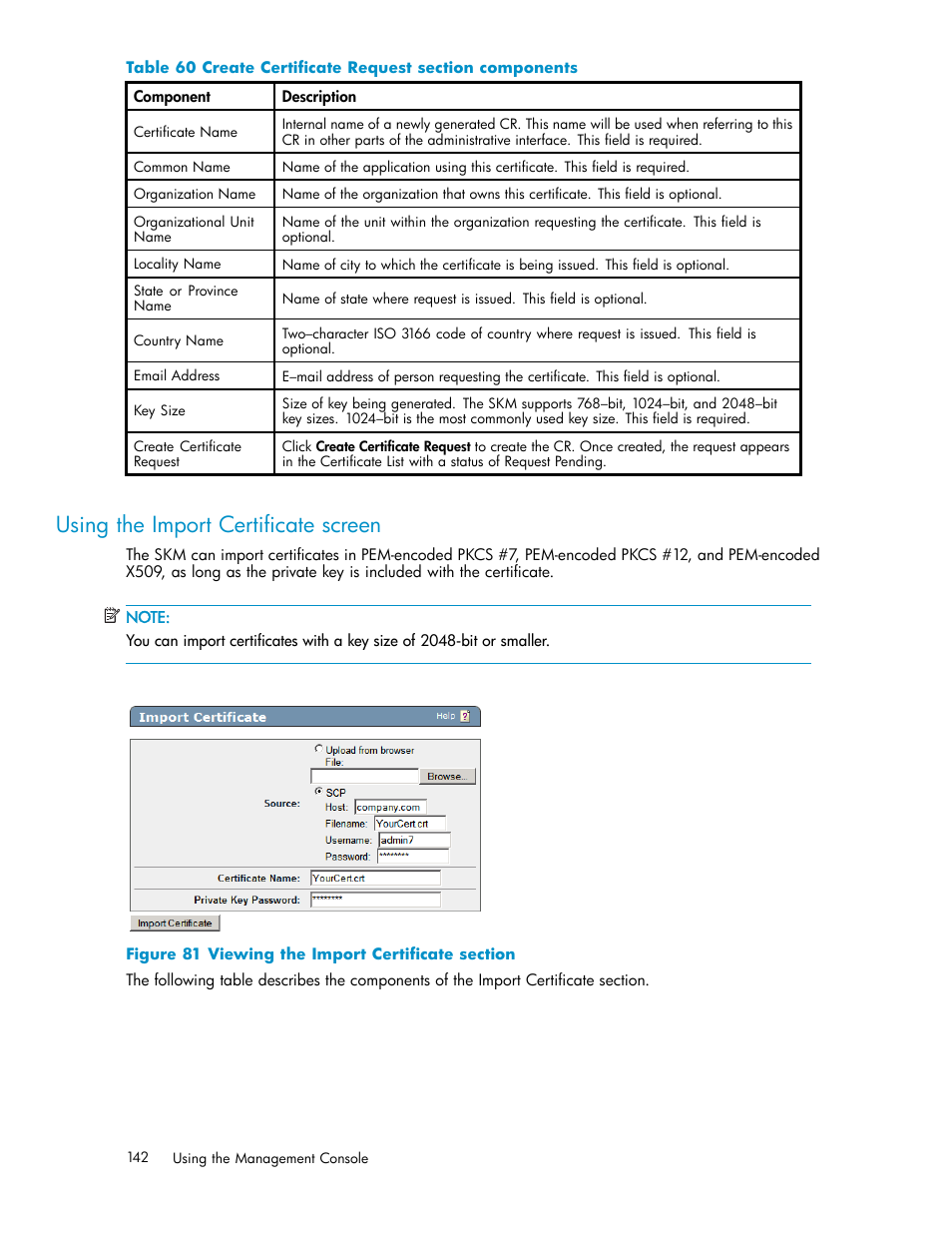 Using the import certificate screen, Using the certificate and ca configuration screen, Trusted certificate authority list profiles | 81 viewing the import certificate section, 60 create certificate request section components | HP Secure Key Manager User Manual | Page 142 / 327