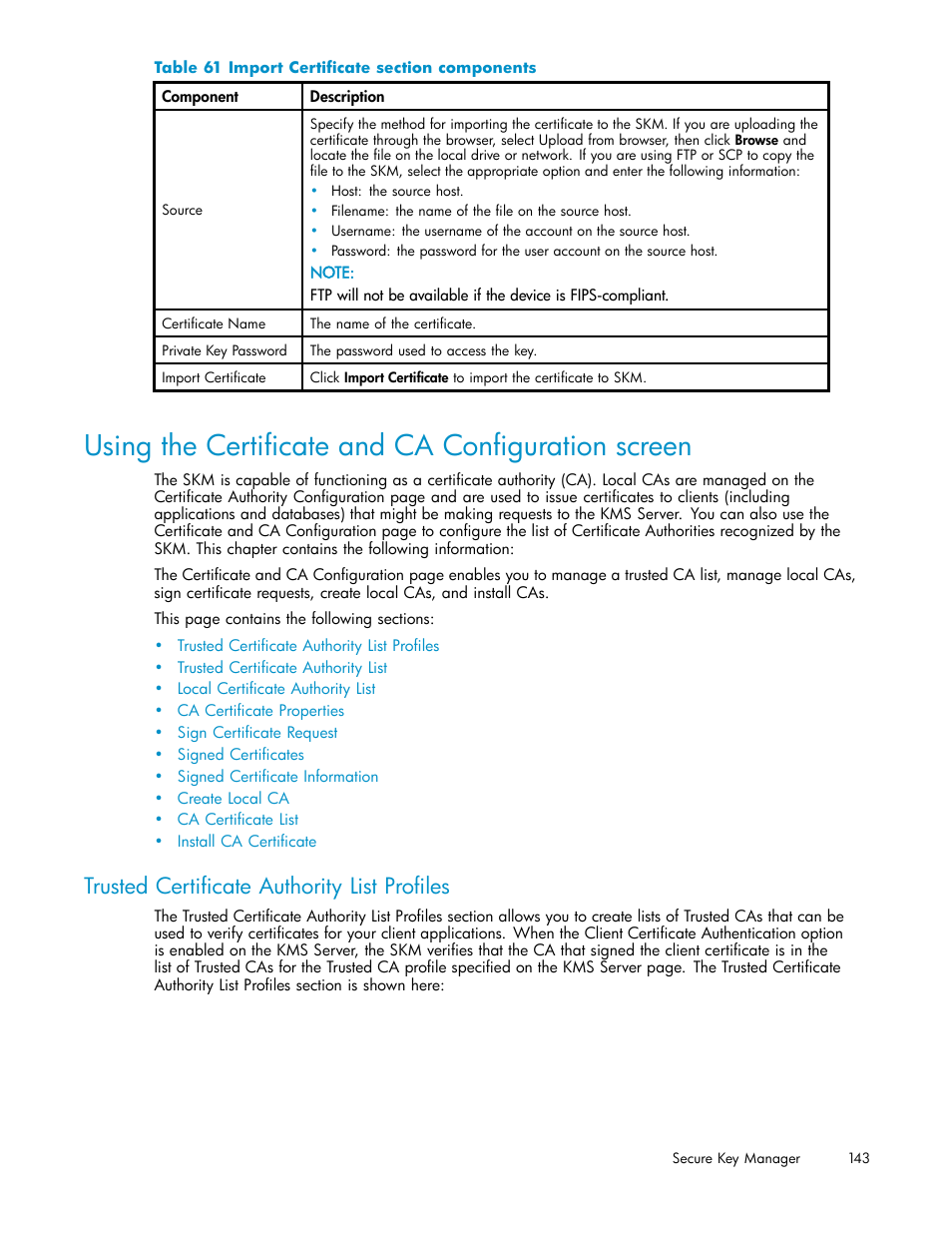 Using the certificate and ca configuration screen, Trusted certificate authority list profiles, 61 import certificate section components | HP Secure Key Manager User Manual | Page 143 / 327