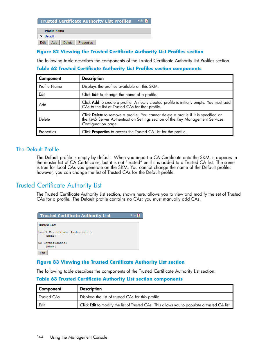 Trusted certificate authority list, Local certificate authority (ca) list, The default profile | HP Secure Key Manager User Manual | Page 144 / 327