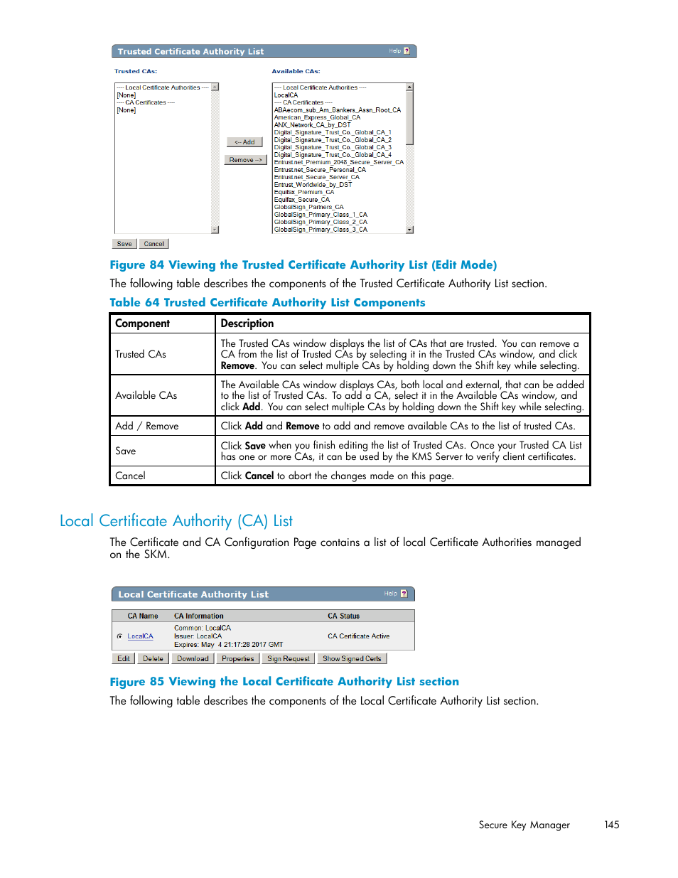 Local certificate authority (ca) list, 64 trusted certificate authority list components, Local certificate authority list | HP Secure Key Manager User Manual | Page 145 / 327