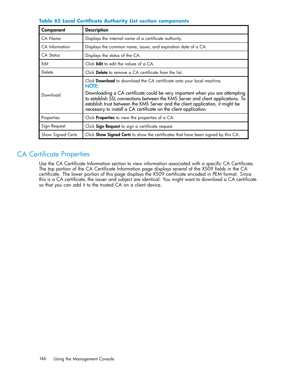 Ca certificate properties, Sign certificate request | HP Secure Key Manager User Manual | Page 146 / 327