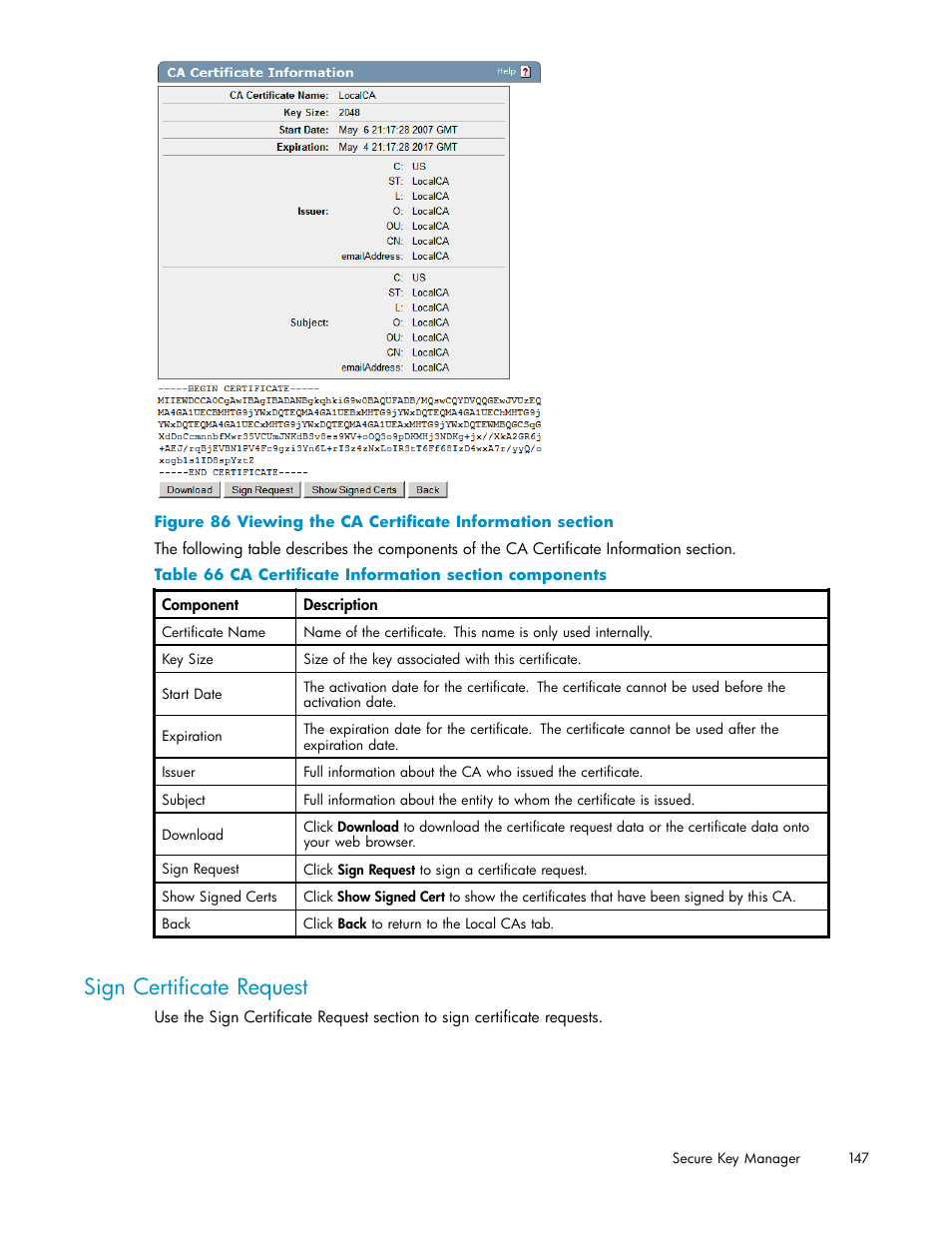 Sign certificate request, 86 viewing the ca certificate information section, 66 ca certificate information section components | HP Secure Key Manager User Manual | Page 147 / 327