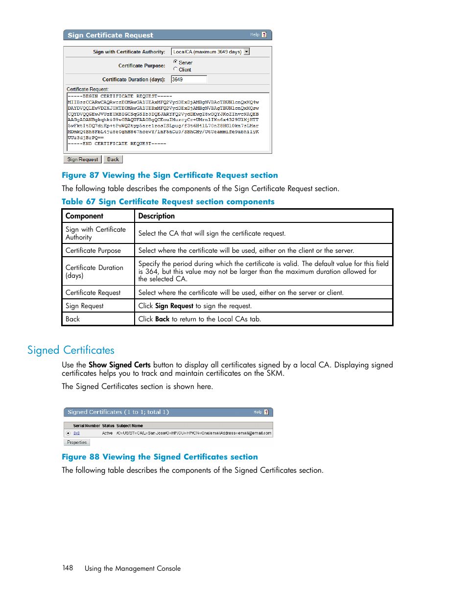 Signed certificates, Signed certificate information, 87 viewing the sign certificate request section | 88 viewing the signed certificates section, 67 sign certificate request section components | HP Secure Key Manager User Manual | Page 148 / 327