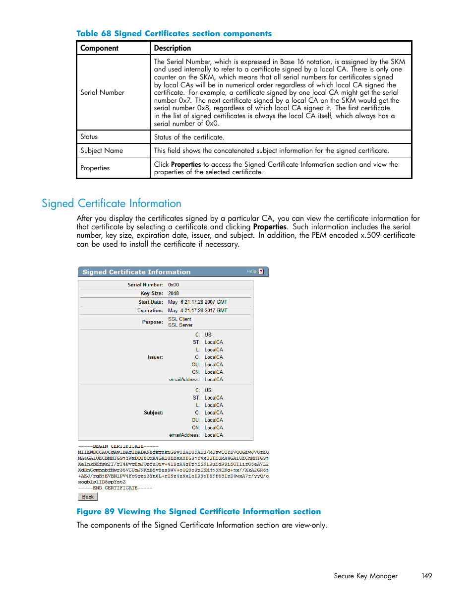 Signed certificate information, 68 signed certificates section components | HP Secure Key Manager User Manual | Page 149 / 327