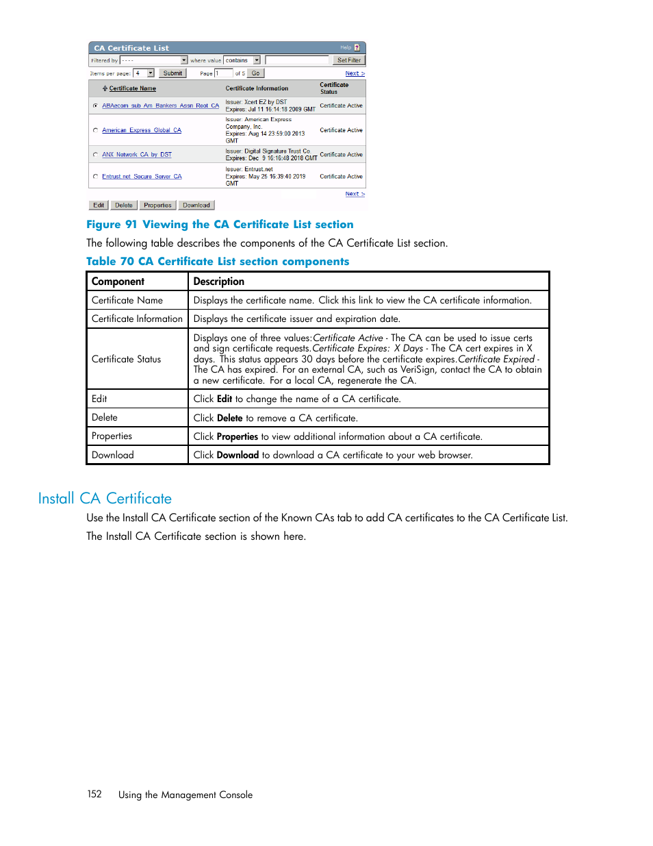 Install ca certificate, Support for certificate revocation lists, Local cas | 91 viewing the ca certificate list section, 70 ca certificate list section components | HP Secure Key Manager User Manual | Page 152 / 327