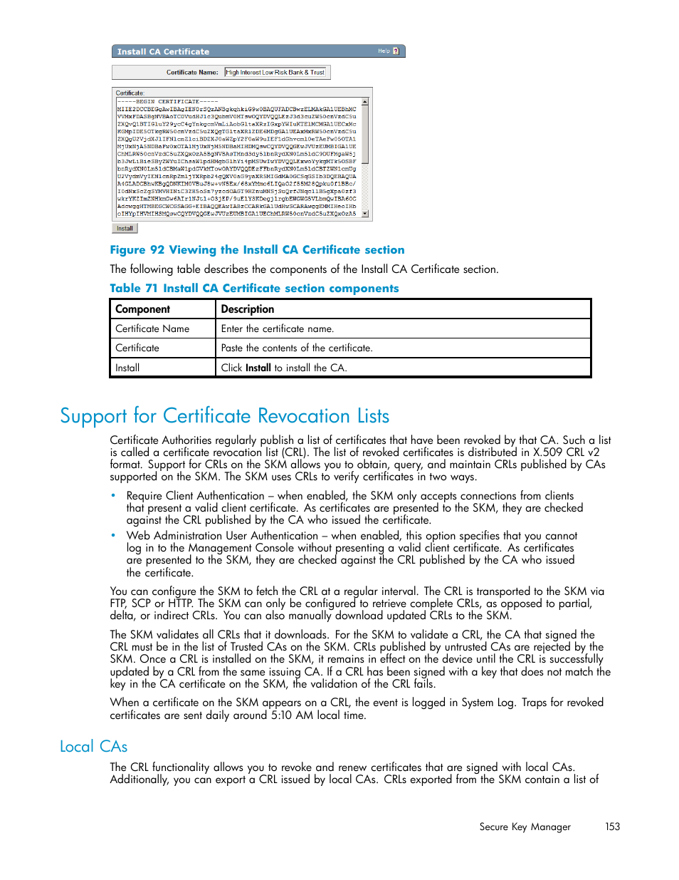 Support for certificate revocation lists, Local cas, 92 viewing the install ca certificate section | 71 install ca certificate section components | HP Secure Key Manager User Manual | Page 153 / 327