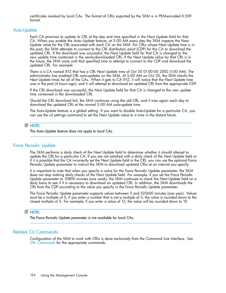 Auto-update, Force periodic update, Related cli commands | Using advanced security features, Advanced security overview | HP Secure Key Manager User Manual | Page 154 / 327