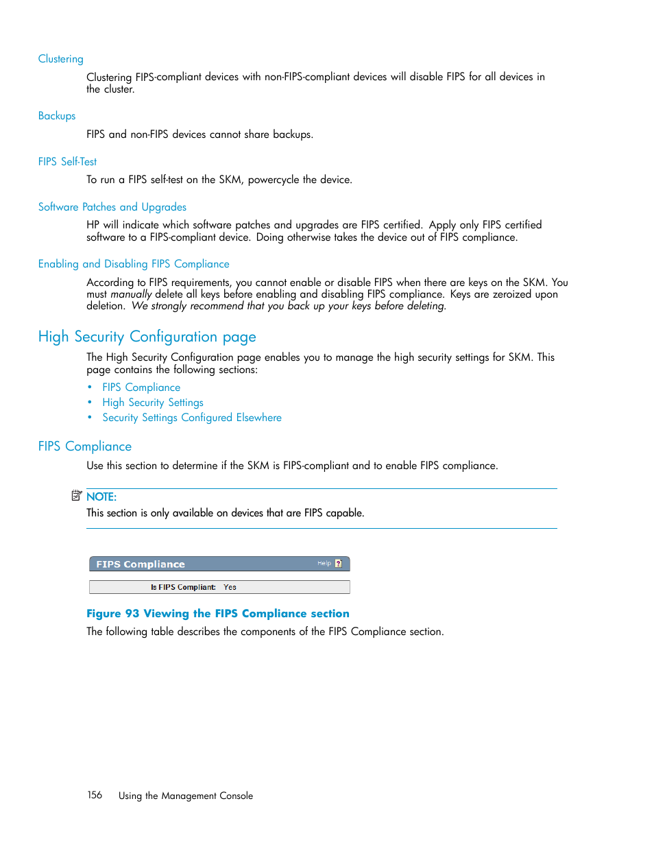 Fips compliance, 93 viewing the fips compliance section, High security configuration page | HP Secure Key Manager User Manual | Page 156 / 327