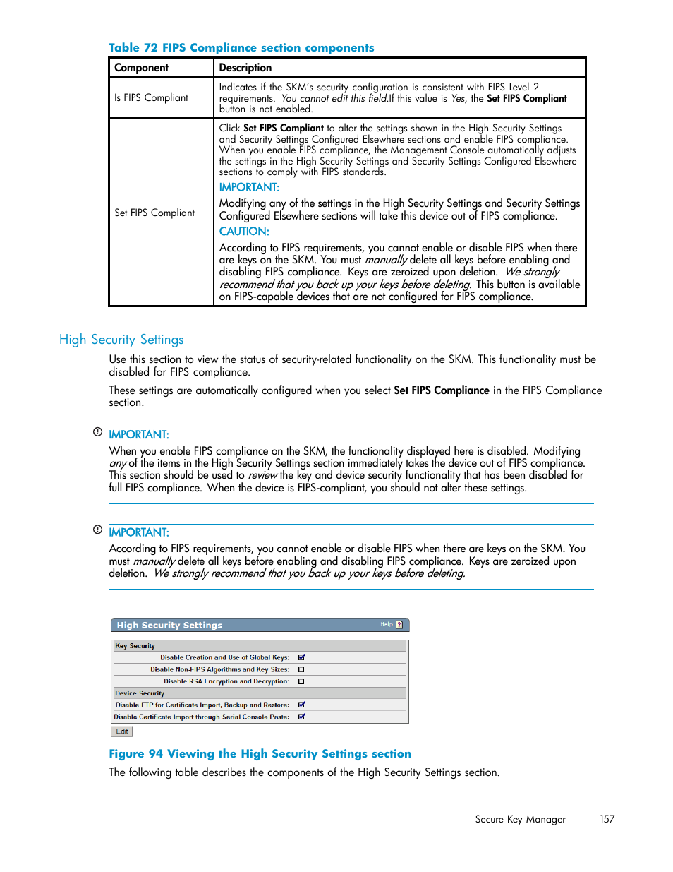 High security settings, 94 viewing the high security settings section, 72 fips compliance section components | HP Secure Key Manager User Manual | Page 157 / 327