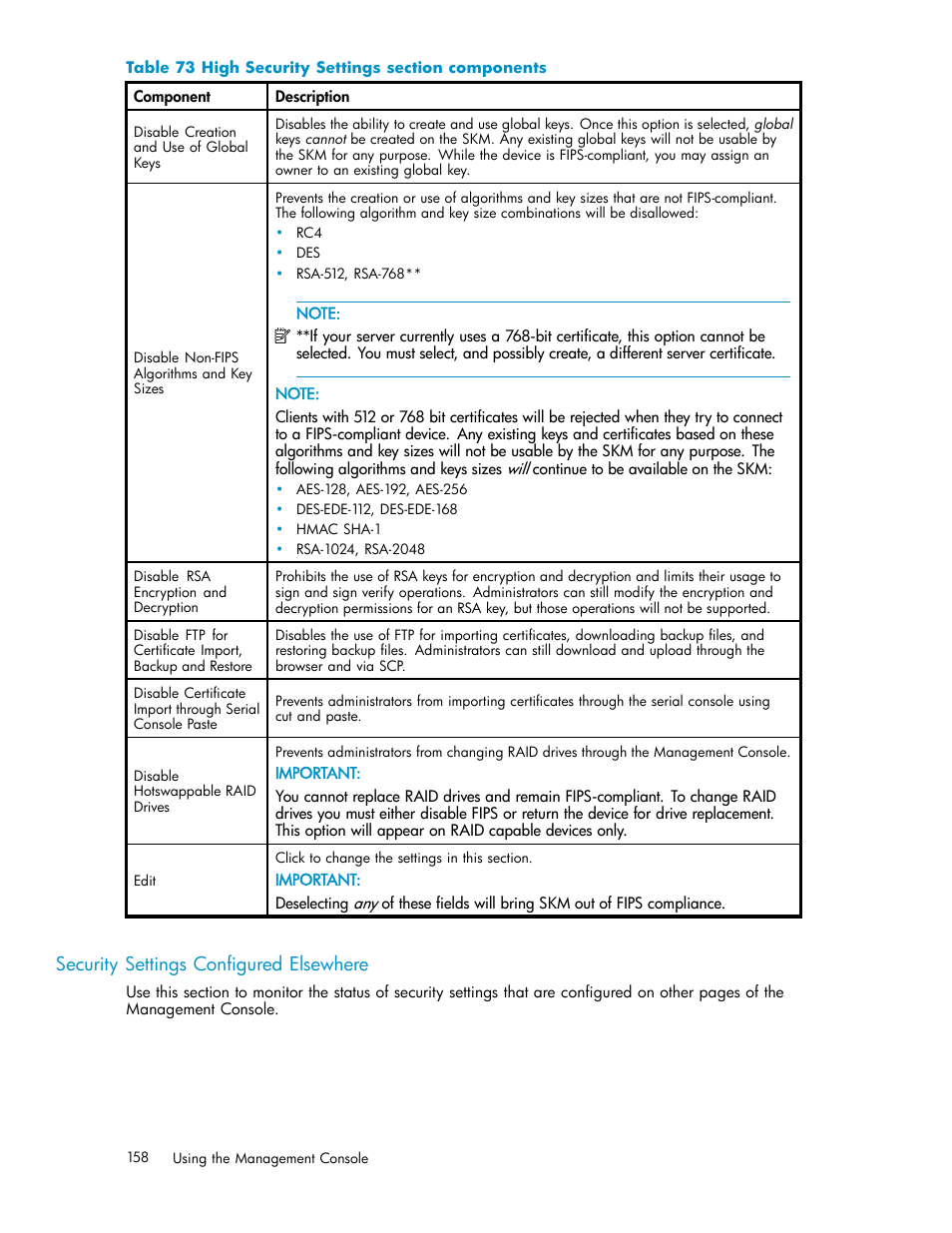 High security procedures, Security settings configured elsewhere, 73 high security settings section components | HP Secure Key Manager User Manual | Page 158 / 327