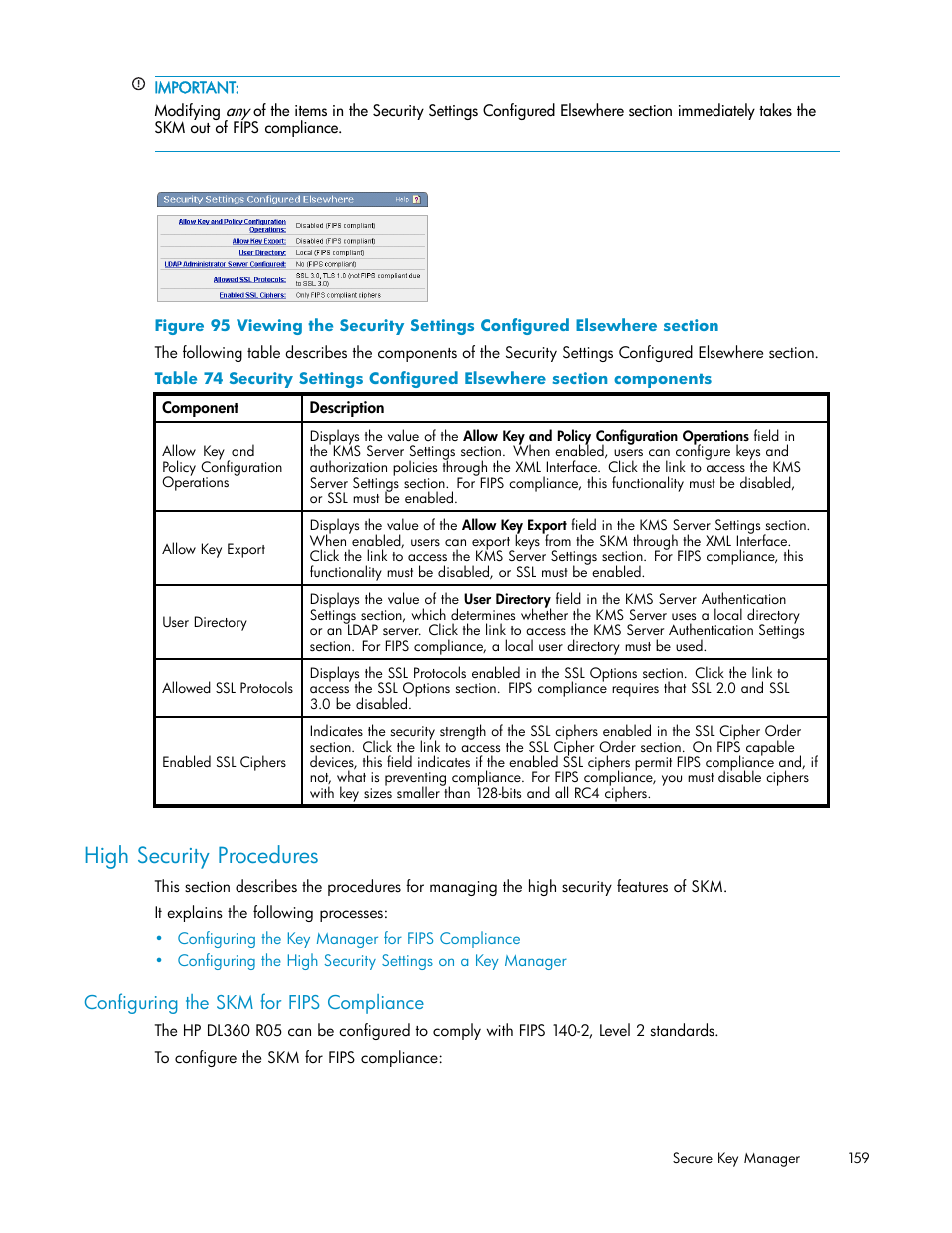 High security procedures, Configuring the skm for fips compliance | HP Secure Key Manager User Manual | Page 159 / 327