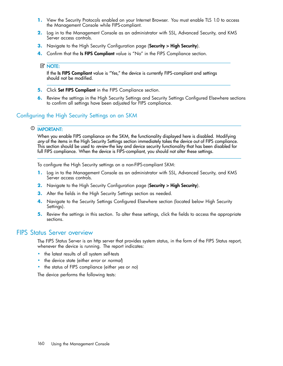 Fips status server overview, Configuring the high security settings on an skm | HP Secure Key Manager User Manual | Page 160 / 327