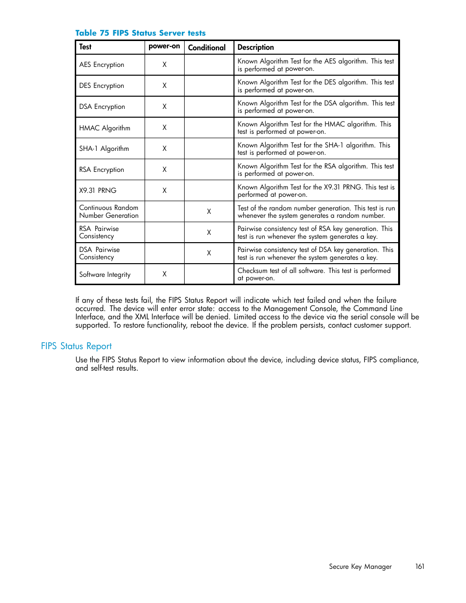 Fips status report, 75 fips status server tests | HP Secure Key Manager User Manual | Page 161 / 327