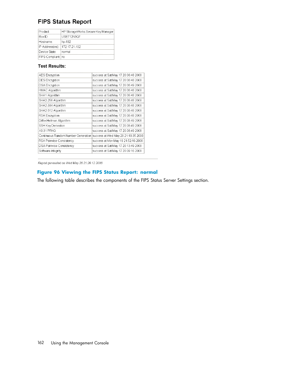 96 viewing the fips status report: normal | HP Secure Key Manager User Manual | Page 162 / 327