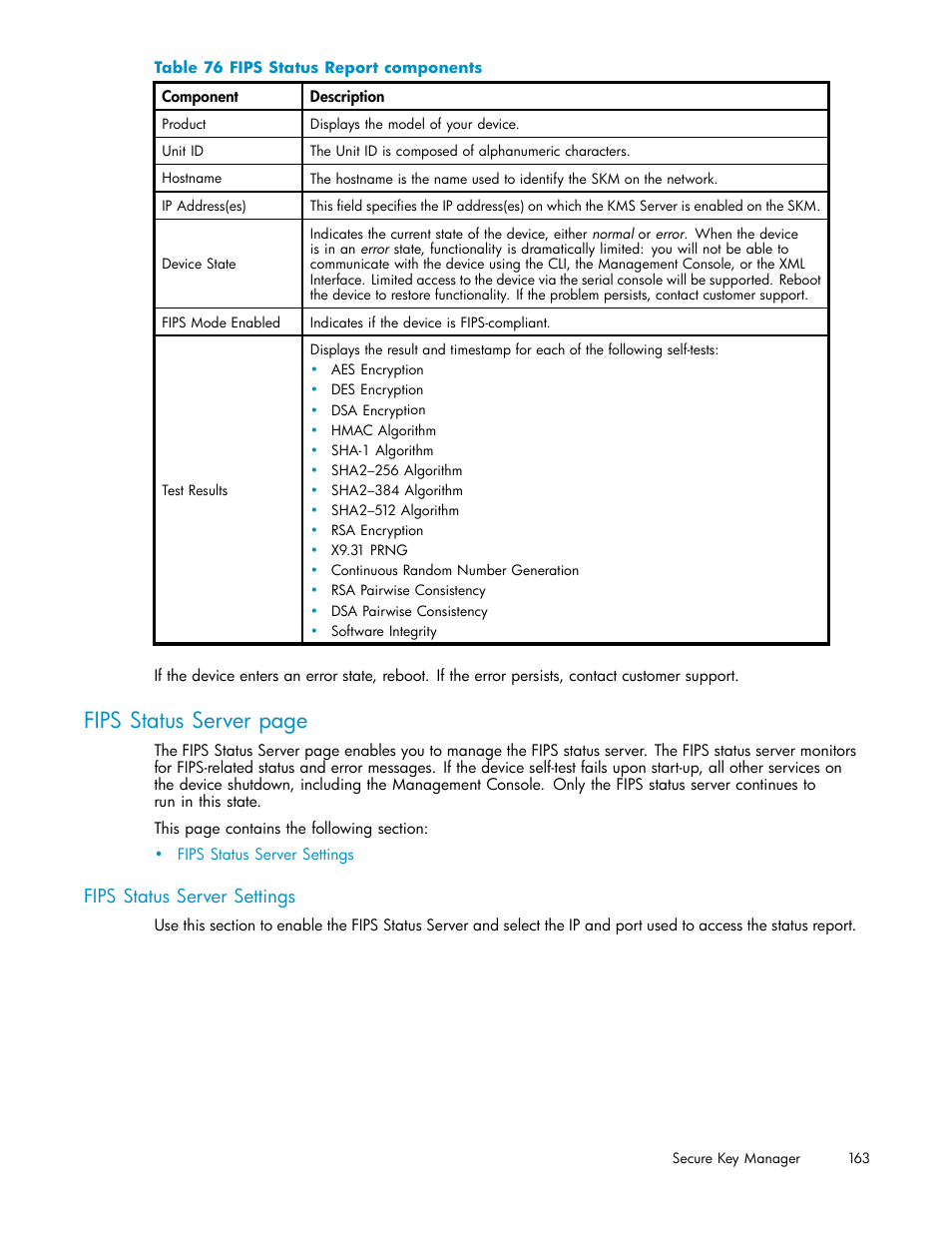 Fips status server settings, 76 fips status report components, Fips status server page | HP Secure Key Manager User Manual | Page 163 / 327