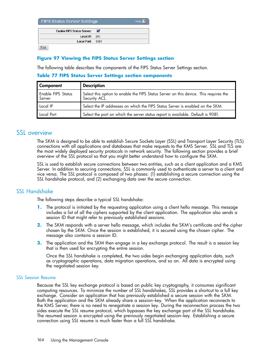 Ssl overview, Ssl sections, Ssl handshake | 97 viewing the fips status server settings section, 77 fips status server settings section components | HP Secure Key Manager User Manual | Page 164 / 327