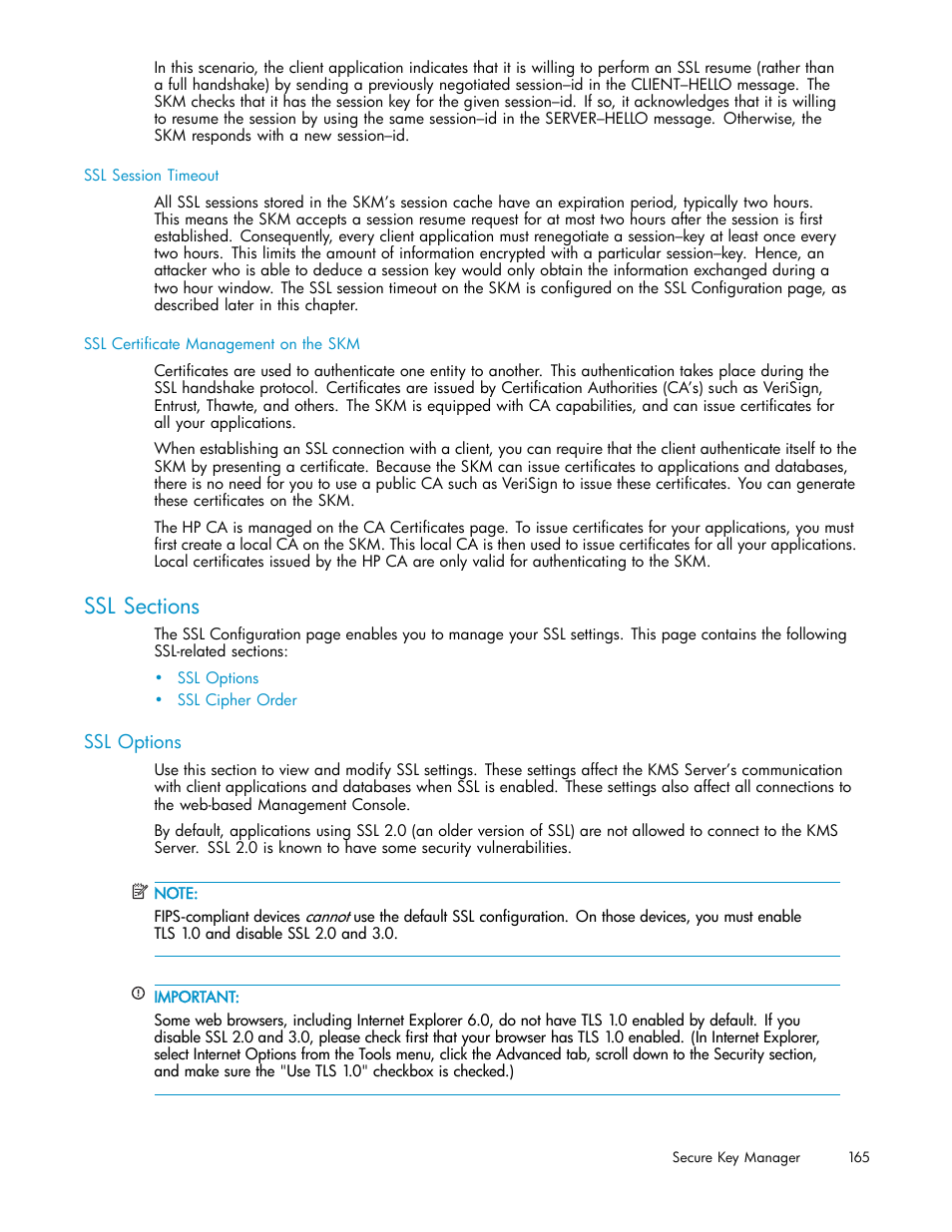 Ssl sections, Ssl options | HP Secure Key Manager User Manual | Page 165 / 327