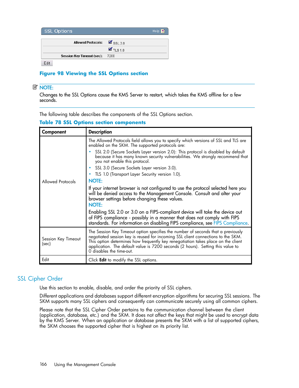 Ssl cipher order, 98 viewing the ssl options section, 78 ssl options section components | HP Secure Key Manager User Manual | Page 166 / 327