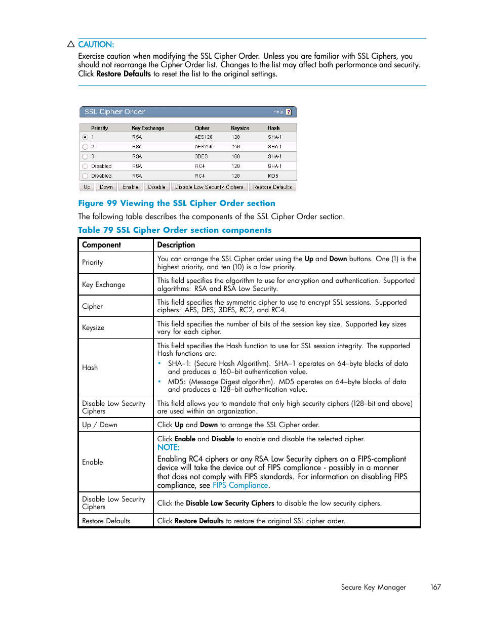 99 viewing the ssl cipher order section, 79 ssl cipher order section components | HP Secure Key Manager User Manual | Page 167 / 327