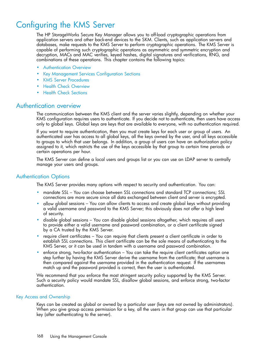 Configuring the kms server, Authentication overview, Key management services configuration sections | Authentication options | HP Secure Key Manager User Manual | Page 168 / 327