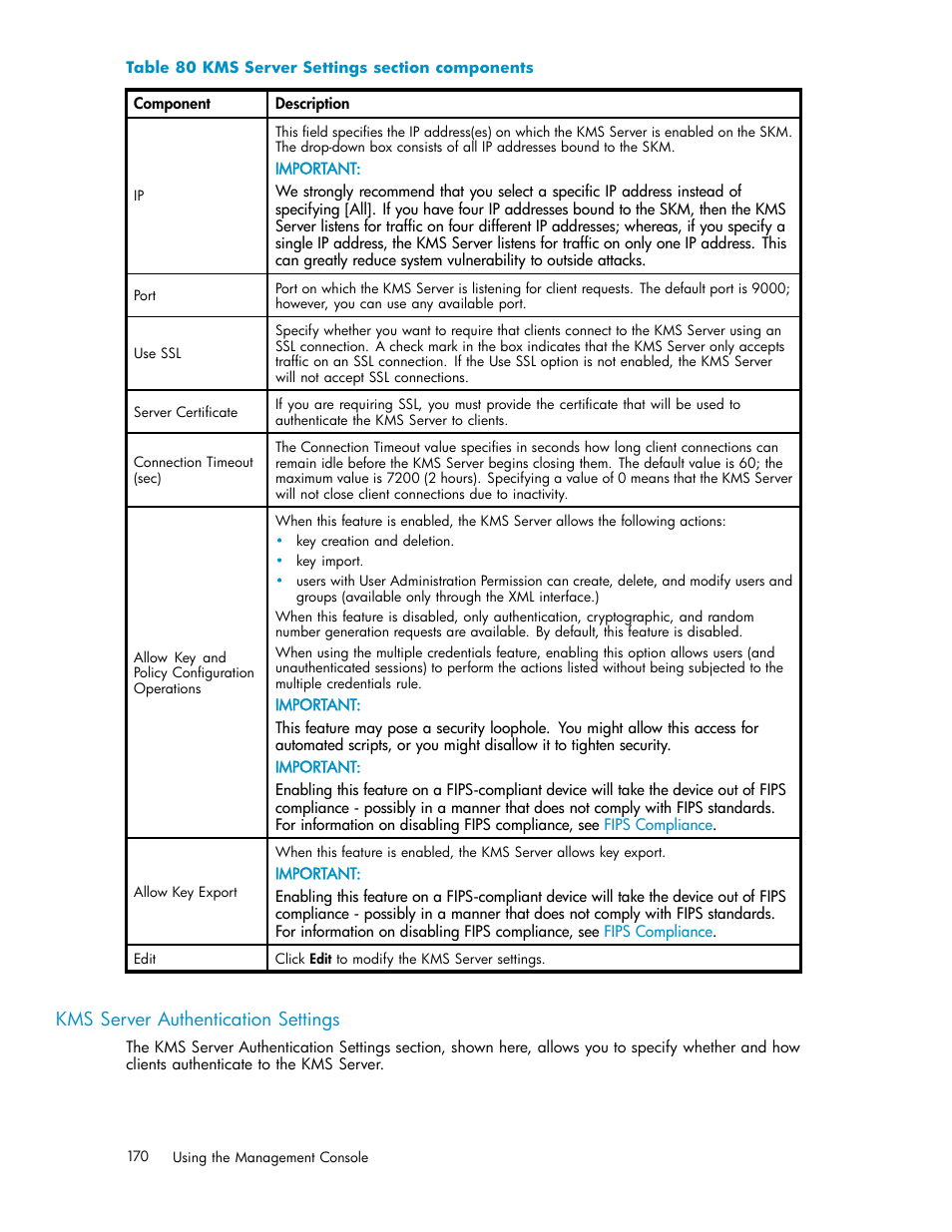 Kms server authentication settings, 80 kms server settings section components, Server authentication settings | HP Secure Key Manager User Manual | Page 170 / 327