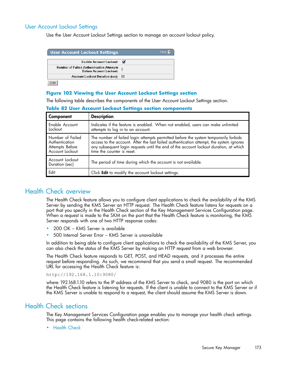 User account lockout settings, Health check overview, Health check sections | HP Secure Key Manager User Manual | Page 173 / 327