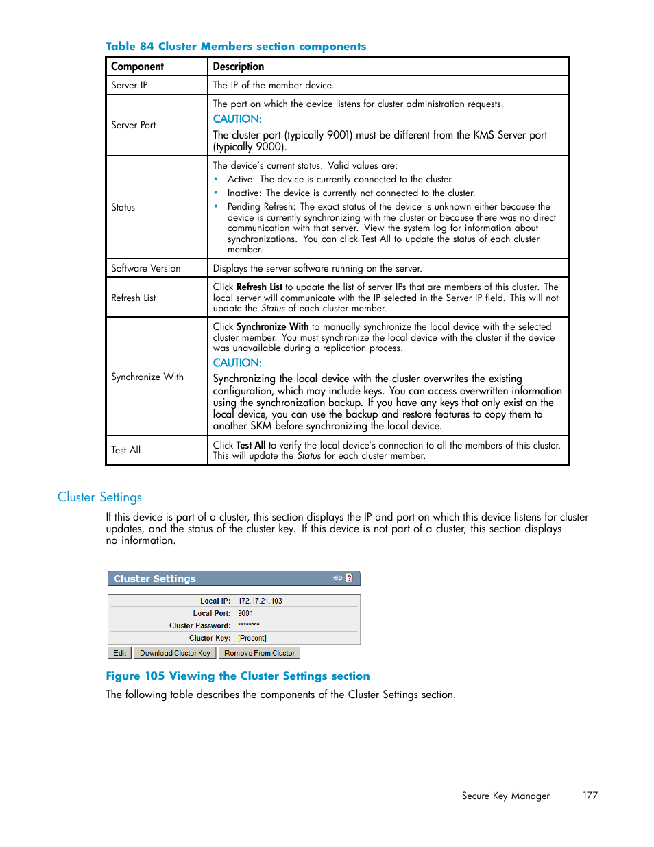 Cluster settings, 105 viewing the cluster settings section, 84 cluster members section components | HP Secure Key Manager User Manual | Page 177 / 327