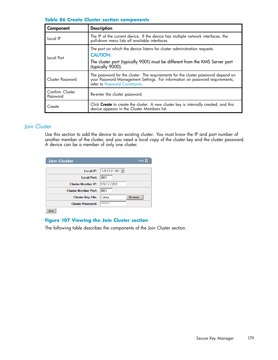 Join cluster, 107 viewing the join cluster section, 86 create cluster section components | HP Secure Key Manager User Manual | Page 179 / 327