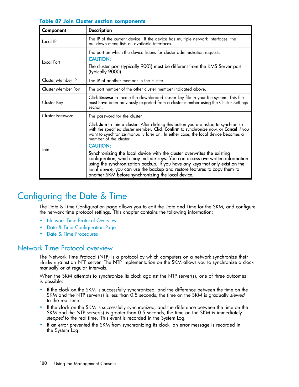 Configuring the date & time, Network time protocol overview, 87 join cluster section components | HP Secure Key Manager User Manual | Page 180 / 327