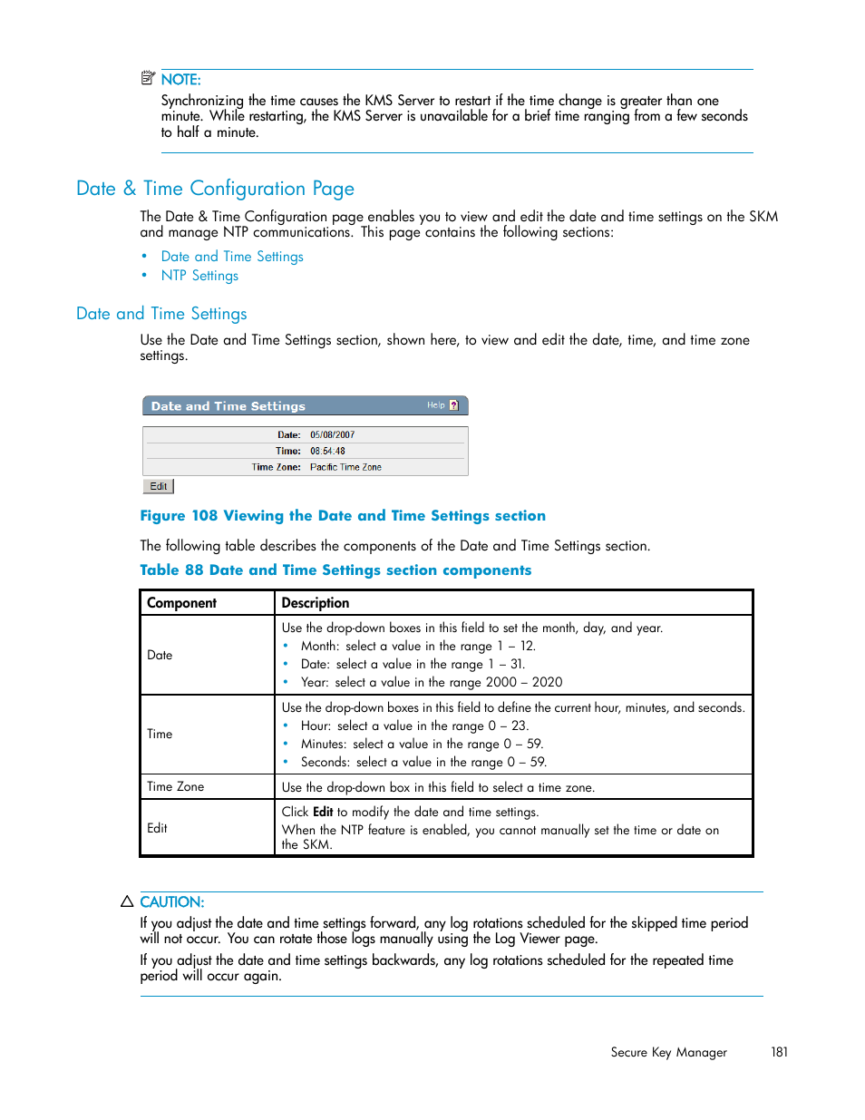 Date and time settings, 108 viewing the date and time settings section, 88 date and time settings section components | Date & time configuration page | HP Secure Key Manager User Manual | Page 181 / 327