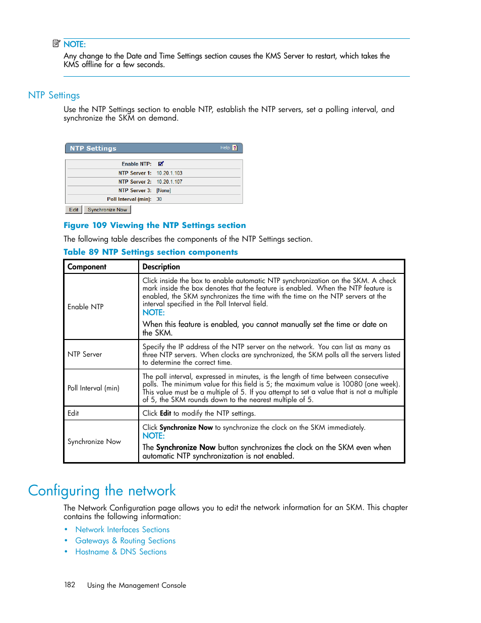 Ntp settings, Configuring the network, Network interfaces sections | Gateways & routing sections, 109 viewing the ntp settings section, 89 ntp settings section components | HP Secure Key Manager User Manual | Page 182 / 327