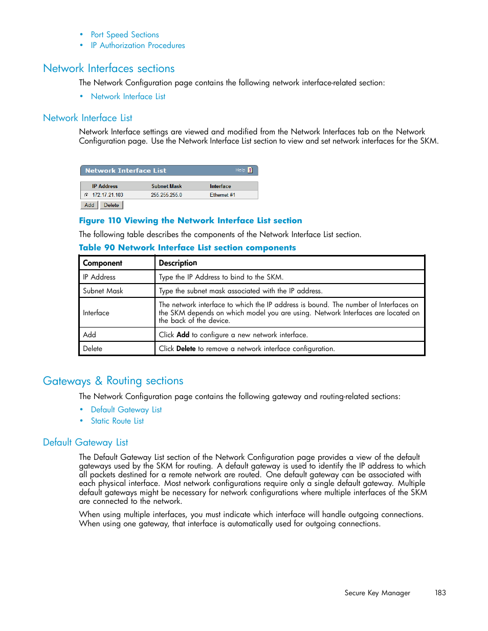 Network interfaces sections, Network interface list, Gateways & routing sections | Default gateway list, 110 viewing the network interface list section, 90 network interface list section components | HP Secure Key Manager User Manual | Page 183 / 327