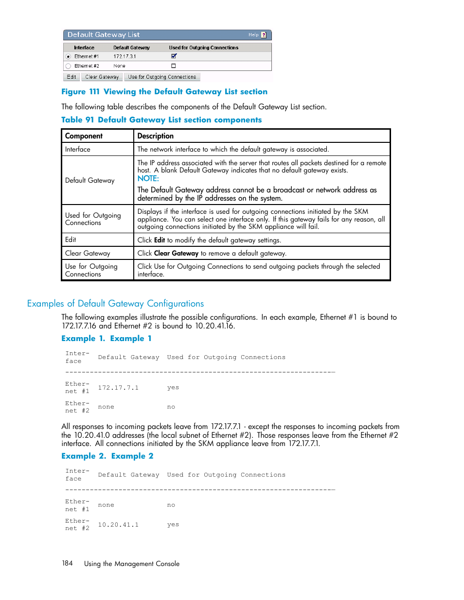 Examples of default gateway configurations, 111 viewing the default gateway list section, 91 default gateway list section components | HP Secure Key Manager User Manual | Page 184 / 327