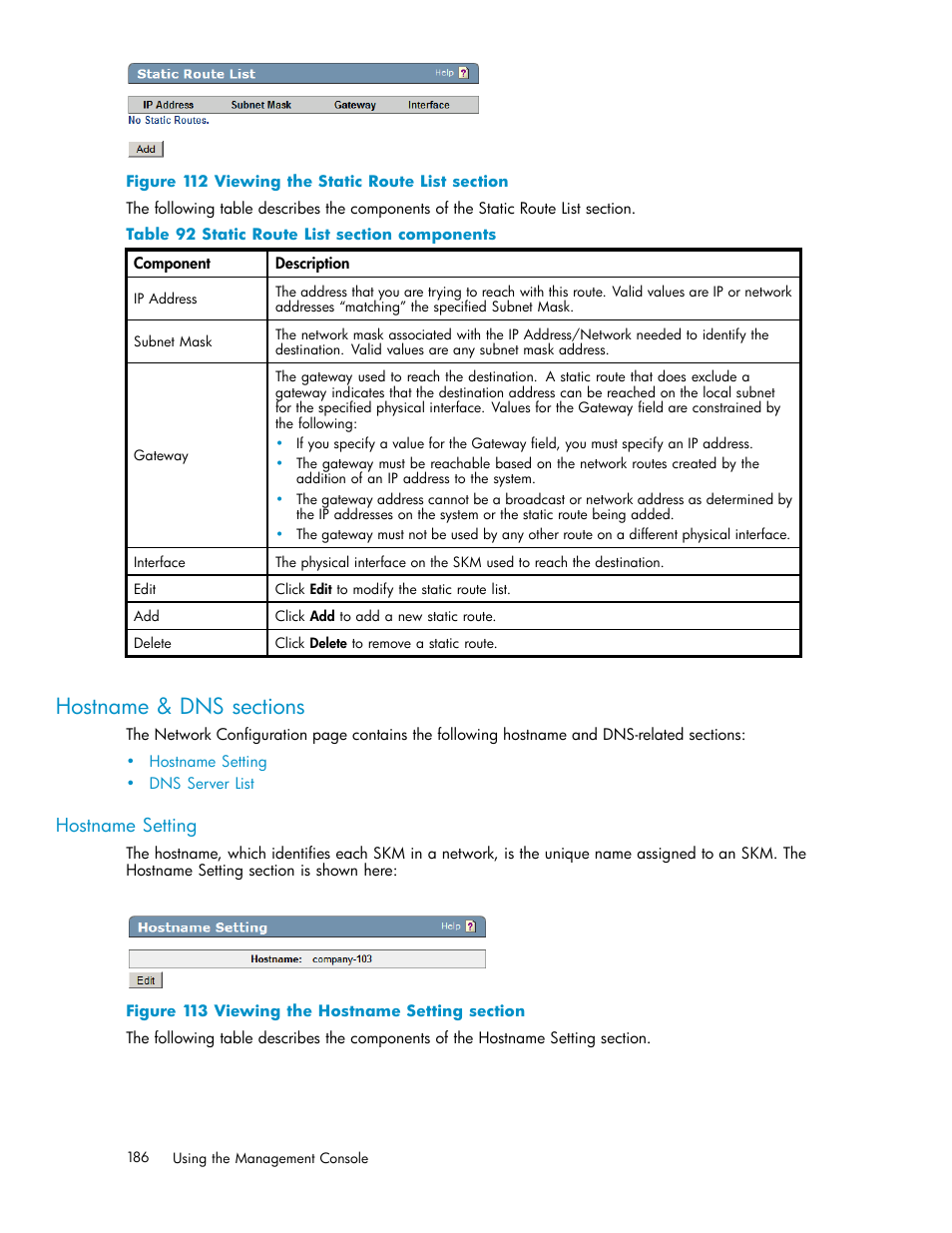 Hostname & dns sections, Port speed sections, Hostname setting | 112 viewing the static route list section, 113 viewing the hostname setting section, 92 static route list section components | HP Secure Key Manager User Manual | Page 186 / 327