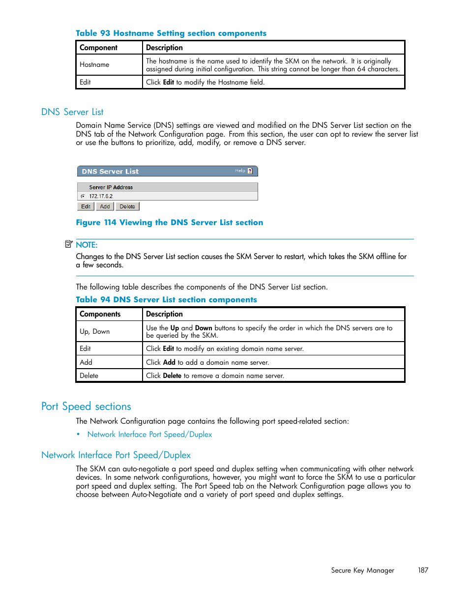 Dns server list, Port speed sections, Network interface port speed/duplex | 114 viewing the dns server list section, 93 hostname setting section components, 94 dns server list section components | HP Secure Key Manager User Manual | Page 187 / 327