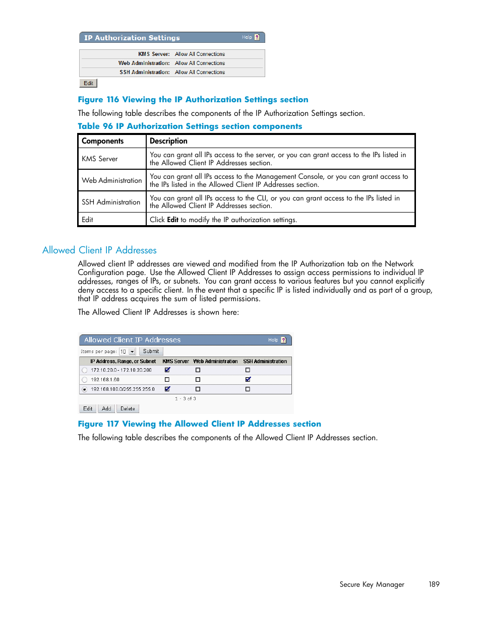 Allowed client ip addresses, 116 viewing the ip authorization settings section, 96 ip authorization settings section components | HP Secure Key Manager User Manual | Page 189 / 327