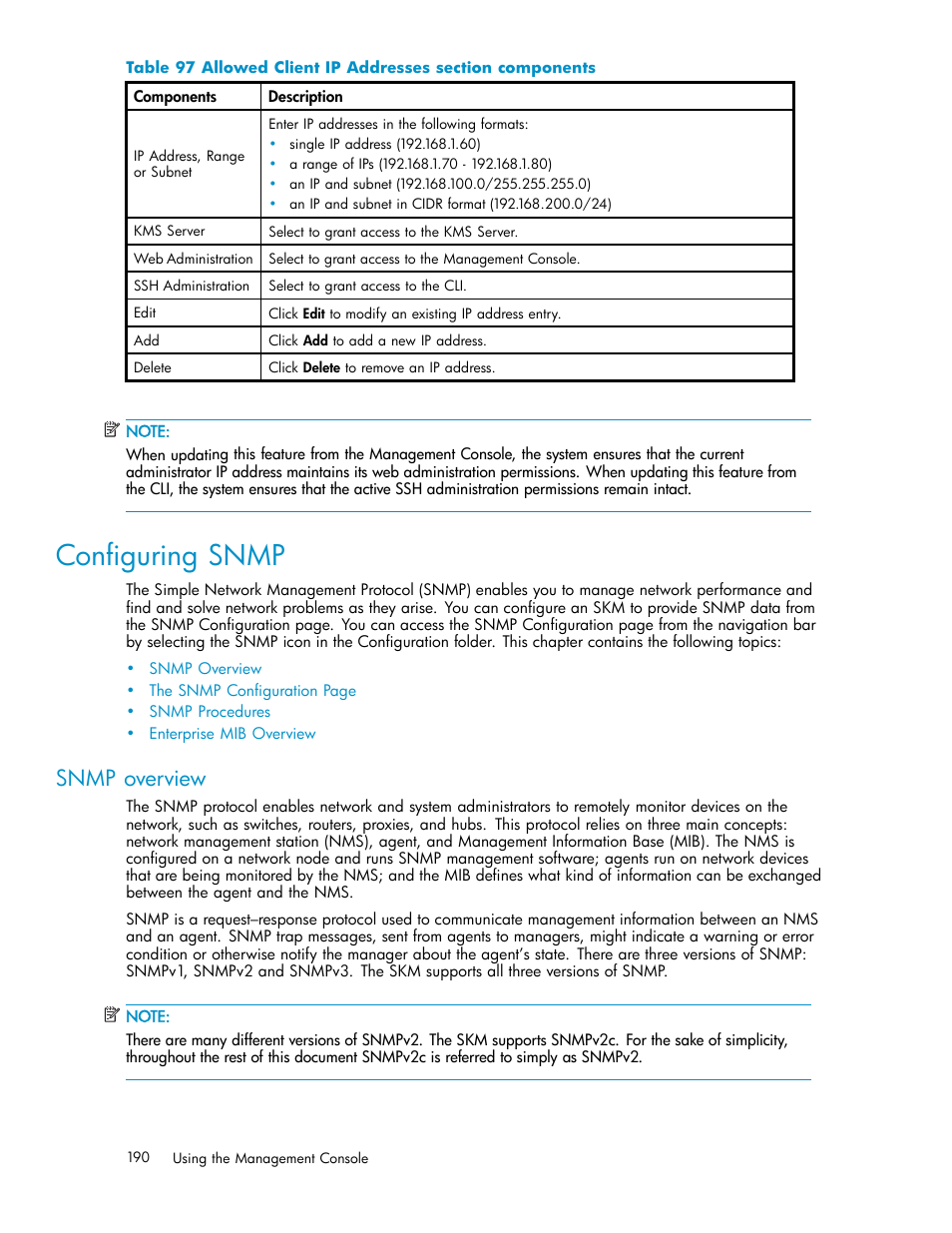 Configuring snmp, Snmp overview, 97 allowed client ip addresses section components | HP Secure Key Manager User Manual | Page 190 / 327