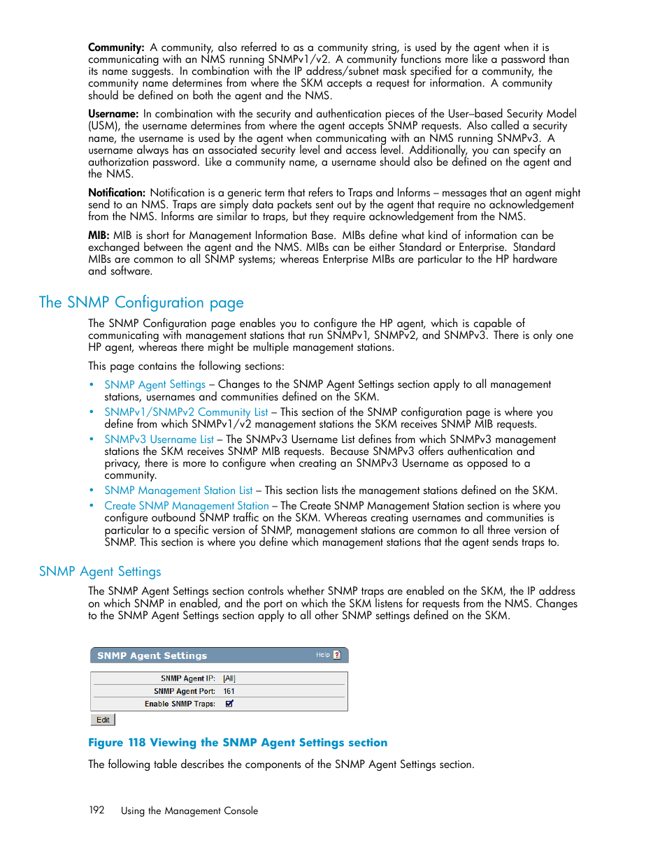 Snmp agent settings, 118 viewing the snmp agent settings section, The snmp configuration page | HP Secure Key Manager User Manual | Page 192 / 327