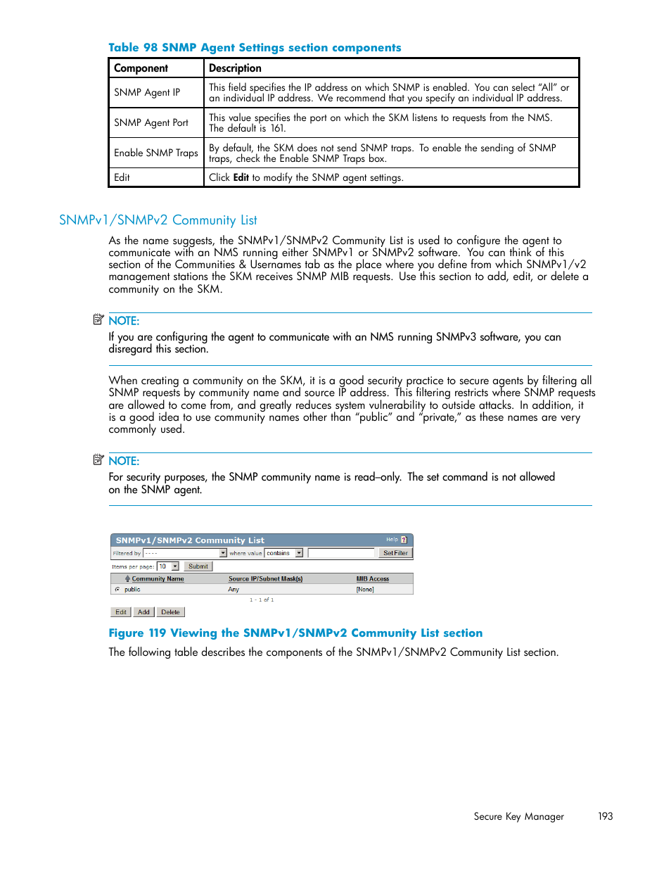 Snmpv1/snmpv2 community list, 98 snmp agent settings section components | HP Secure Key Manager User Manual | Page 193 / 327