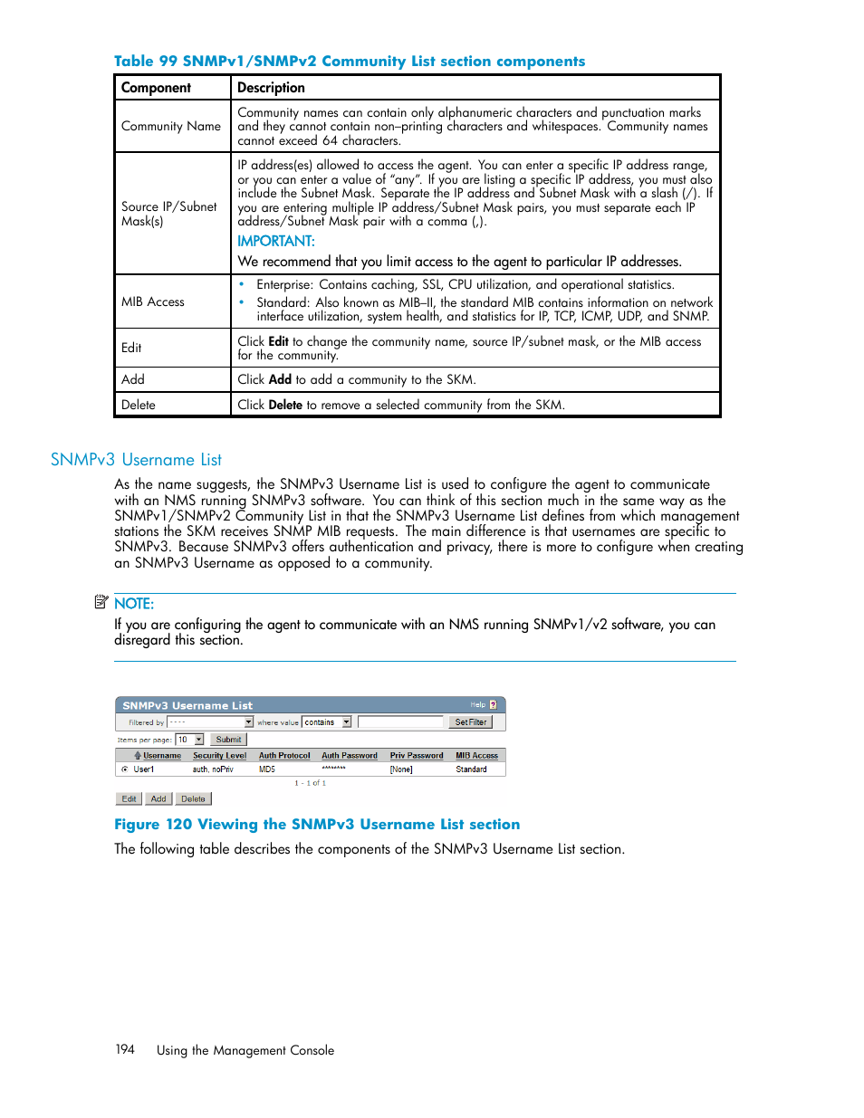 Snmpv3 username list, 120 viewing the snmpv3 username list section, 99 snmpv1/snmpv2 community list section components | HP Secure Key Manager User Manual | Page 194 / 327