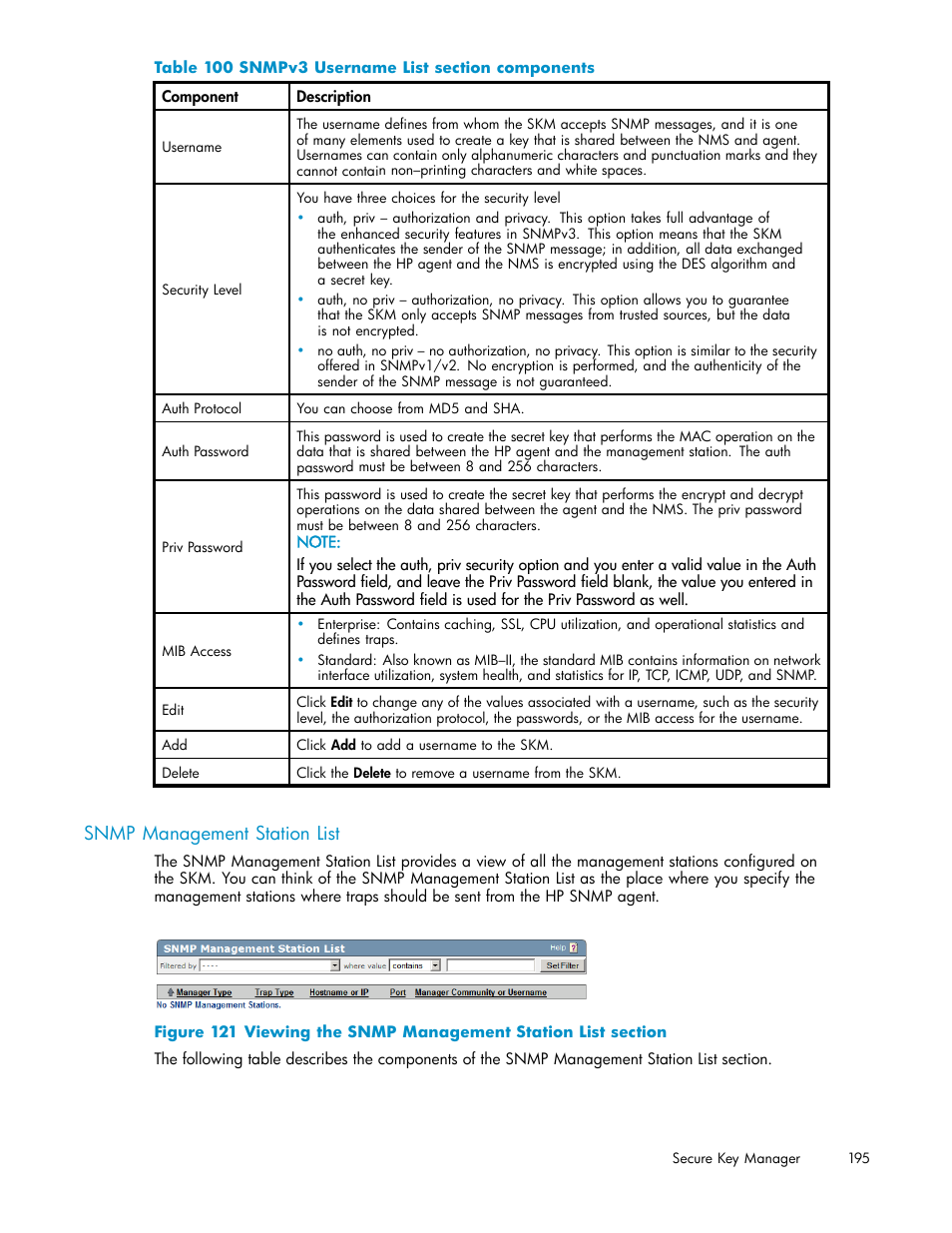 Snmp management station list, 100 snmpv3 username list section components | HP Secure Key Manager User Manual | Page 195 / 327