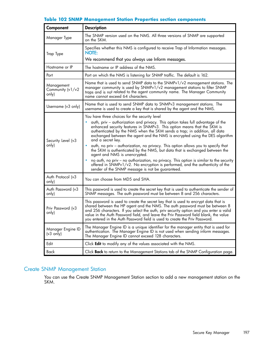 Create snmp management station | HP Secure Key Manager User Manual | Page 197 / 327