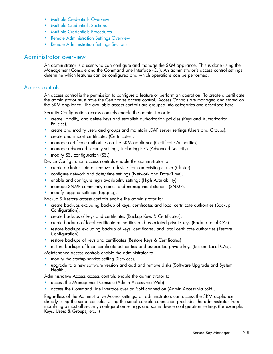 Administrator overview, Access controls | HP Secure Key Manager User Manual | Page 201 / 327