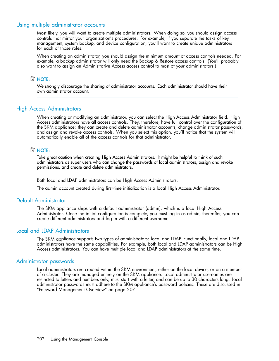 Ldap administrators, Using multiple administrator accounts, High access administrators | Default administrator, Local and ldap administrators, Administrator passwords | HP Secure Key Manager User Manual | Page 202 / 327