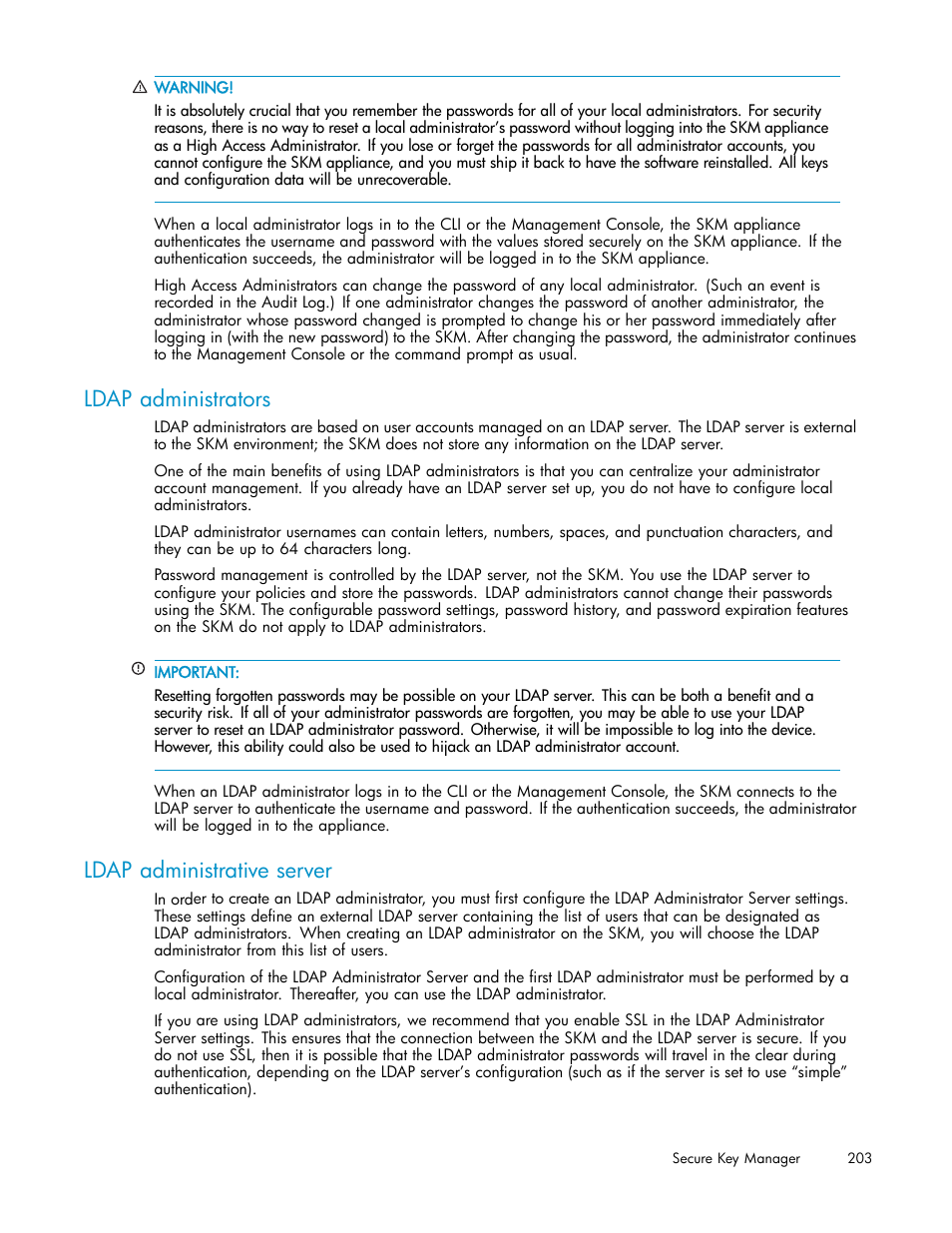 Ldap administrators, Ldap administrative server | HP Secure Key Manager User Manual | Page 203 / 327